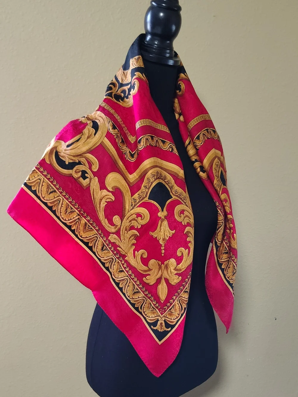 Vintage 100% Silk Red Gold Baroque Print Square Large Scarf 
